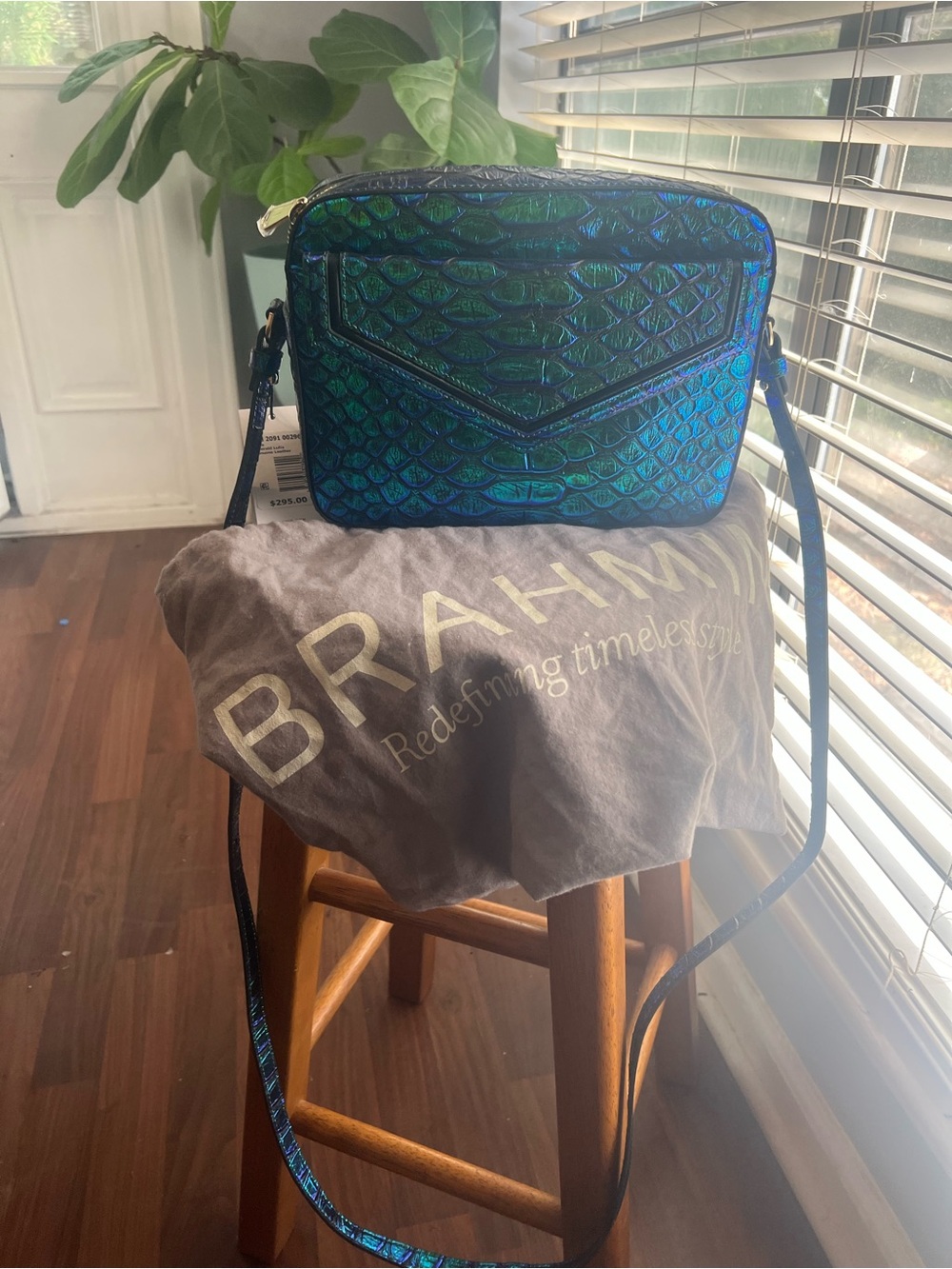 Brahmin Iridescent Blue-Green Croc Embossed Crossbody Bag